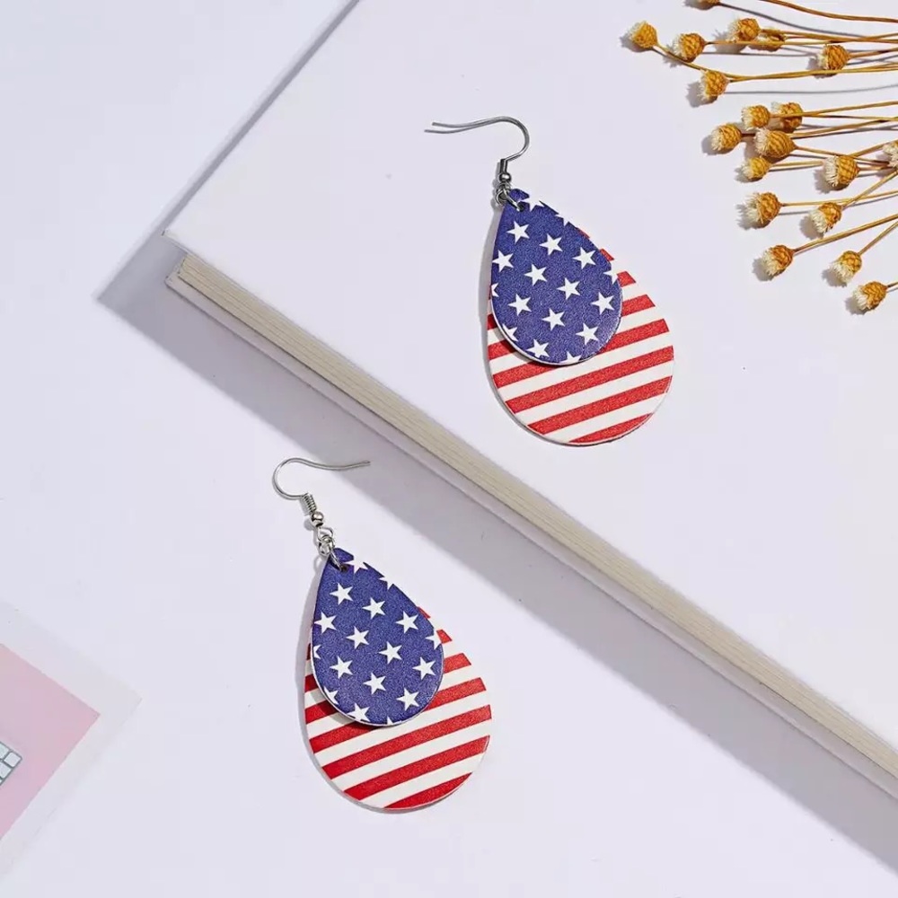 Leather American Flag Tear Drop Earrings